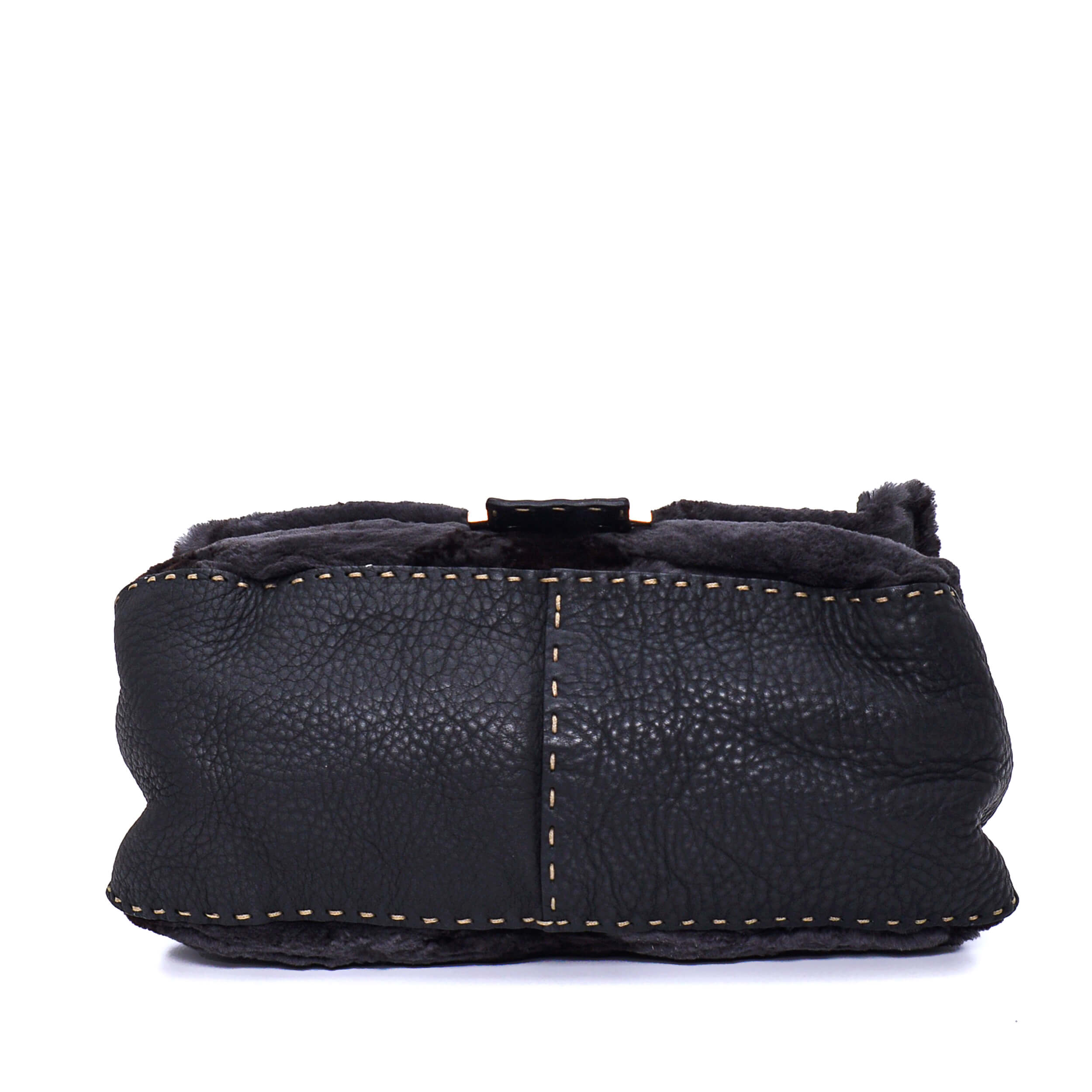 Fendi - Black Grained Leather & Fur Hobo Bag